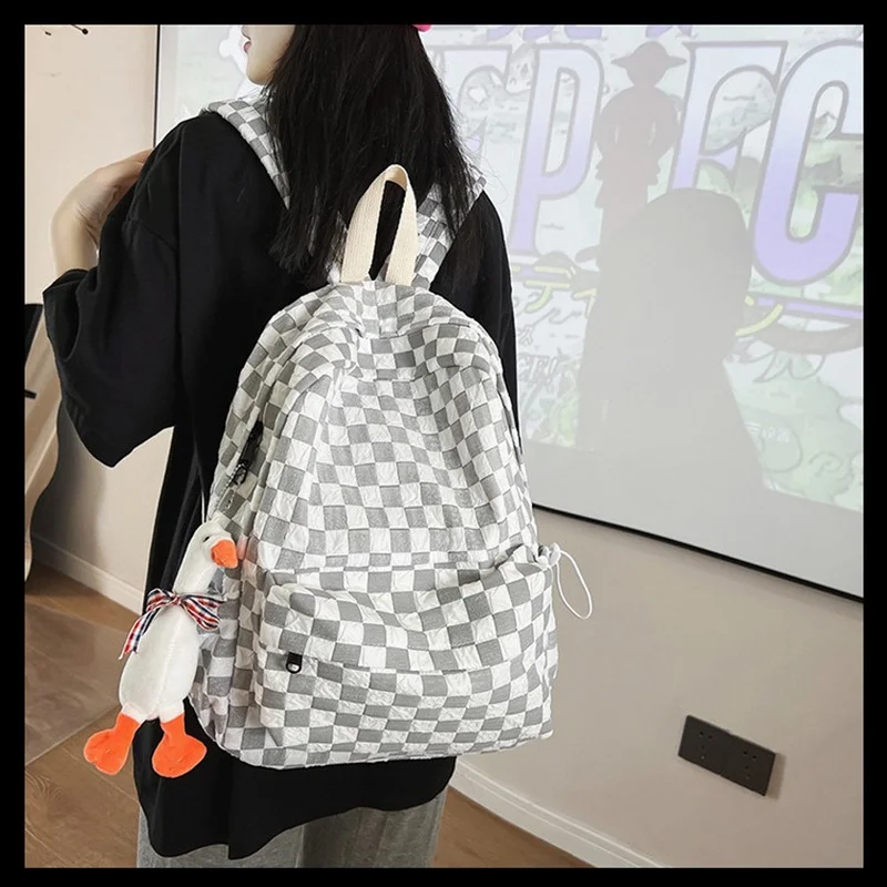 Nylon Plaid Women Backpack Trend Pendant School Bag For Teenager Girls Waterproof Large Capacity Bookbags Travel Backpacks 2022