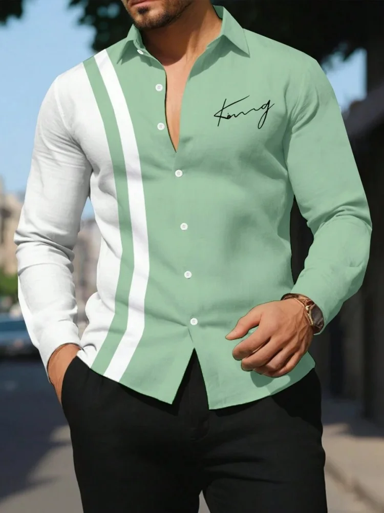 Striped Printed Men's Long-Sleeved Shirt Summer Casual Men's Single-Breasted Shirt Beach Pool Party Men's Fashionable Shirt