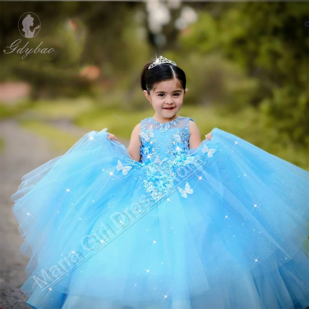 Jasnoniebieska sukienka dla dziewczynki do sypania kwiatów, falbanki, bez rękawów, puszysta siateczka, na urodziny, wesele, dla druhny, na przyjęcie dla dziewczynek.