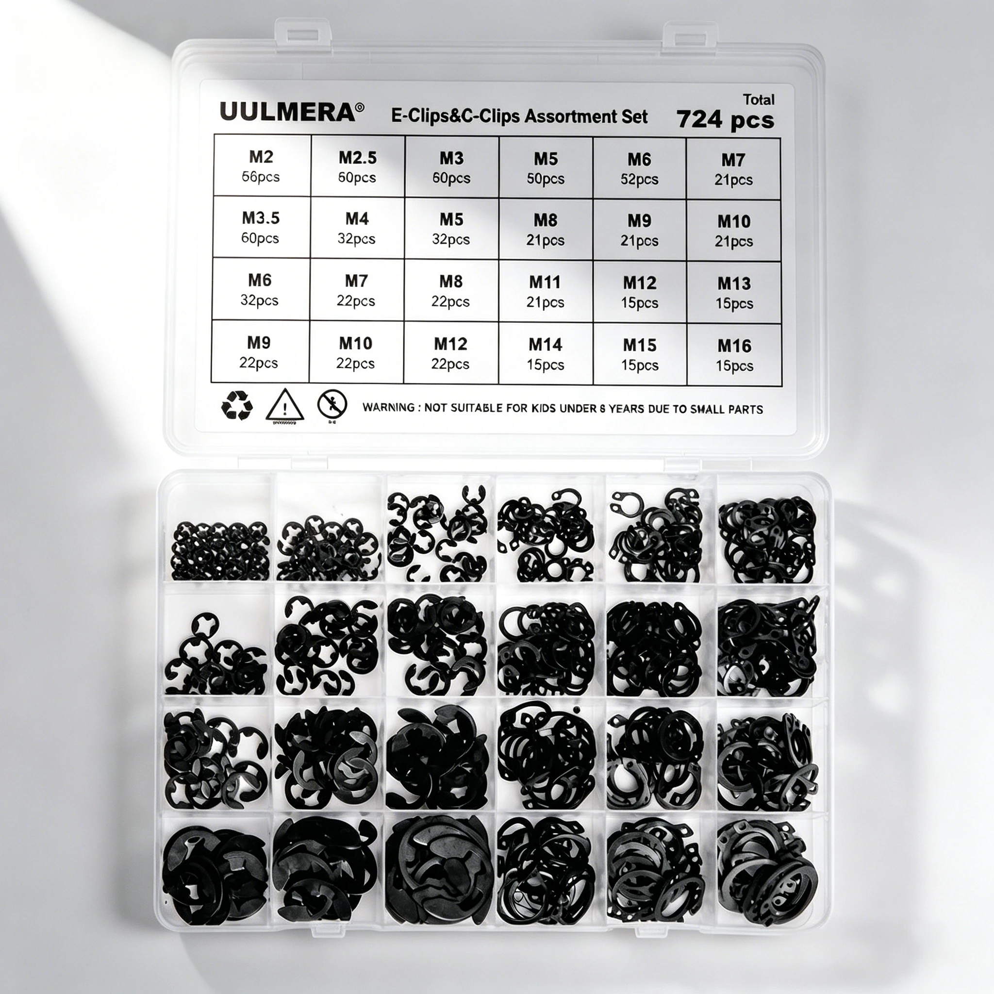 724Pcs M2-M16 Black Alloy Steel E-Clips and C Clips External Circlip Set Snap Ring Retaining Ring for Shaft Bearing Hard