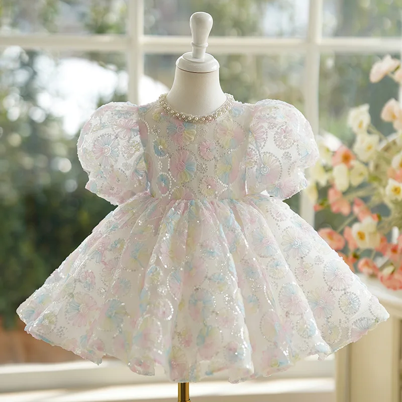 Vestidos de Fiesta de flores multicolor para niña, vestido de princesa con lentejuelas, manga de burbuja, vestido para adolescente con lazo grande, 2024