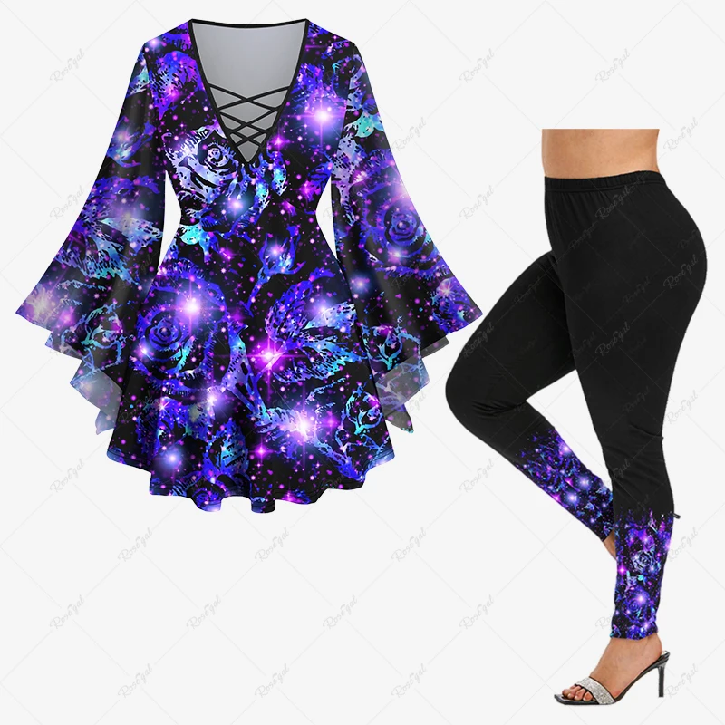 Brokatowy błyszczący kwiat róży Ombre Galaxy 3D Print codzienny komplet z rozkloszowanymi rękawami Top lub obcisłe legginsy
