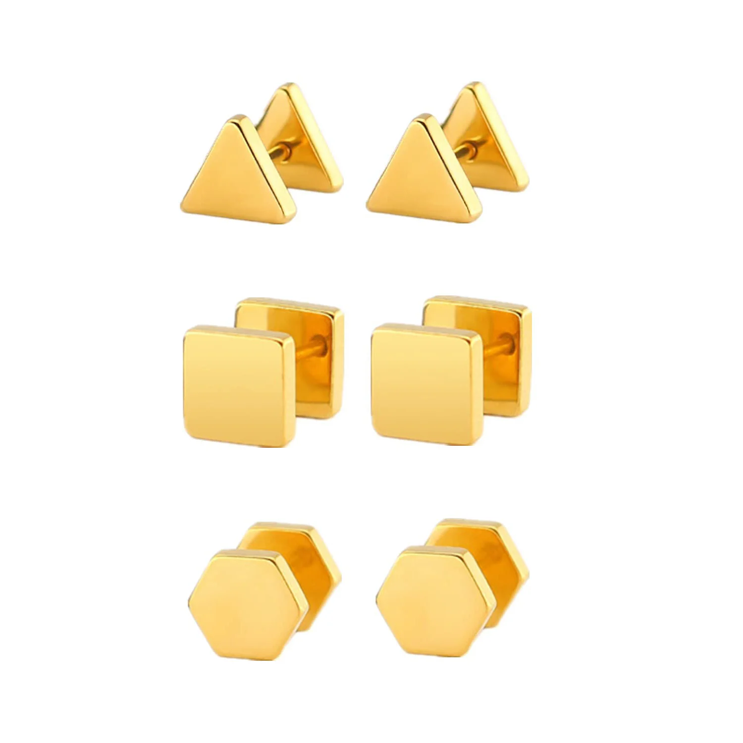 Set of 3 Pairs 6/8/10MM Unisex Hip Hop Geometrical Triangle Square Hexagram Stud Earrings Pierced Gauges Tunnel Cheater Ear Plug