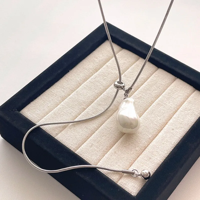 Minar Classic Irregular Baroque Pearl Adjustable Tassel Pendant Necklaces for Women Silver Titanium Steel Snake Chain Choker