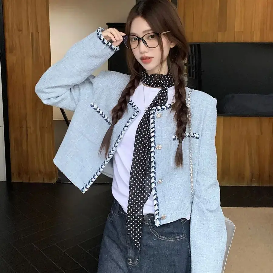 

Blue Round Neck Tweed Small Fragrance Coat Autumn Best Selling French High-Quality Temperament Short Long-Sleeved Cardigan Coat