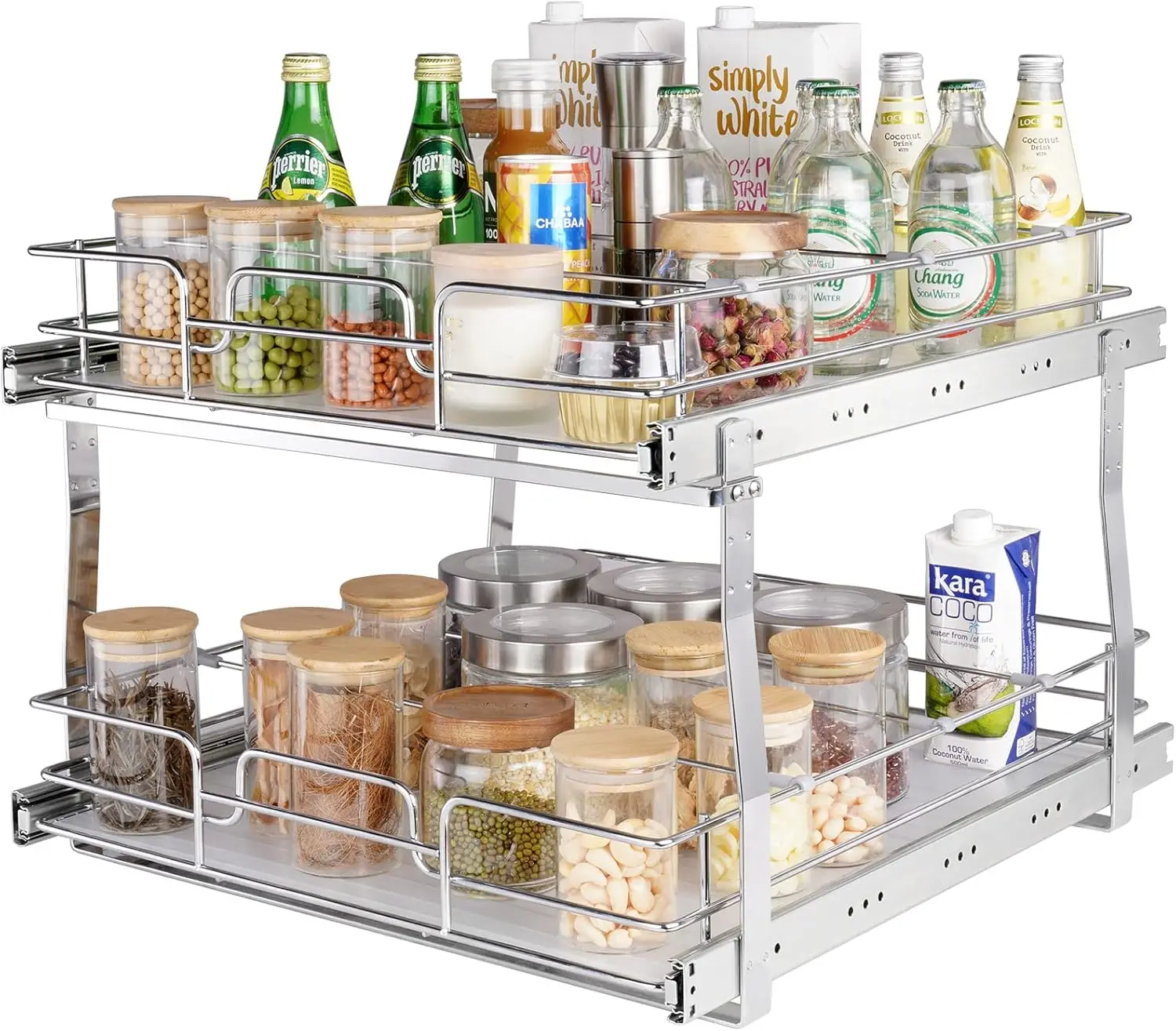 

2 Tier 19"W x 20"D Pull Out Cabinet Organizer, Heavy Duty Slide Out Pantry Shelves, Chrome-Plated Steel Roll Out Drawers