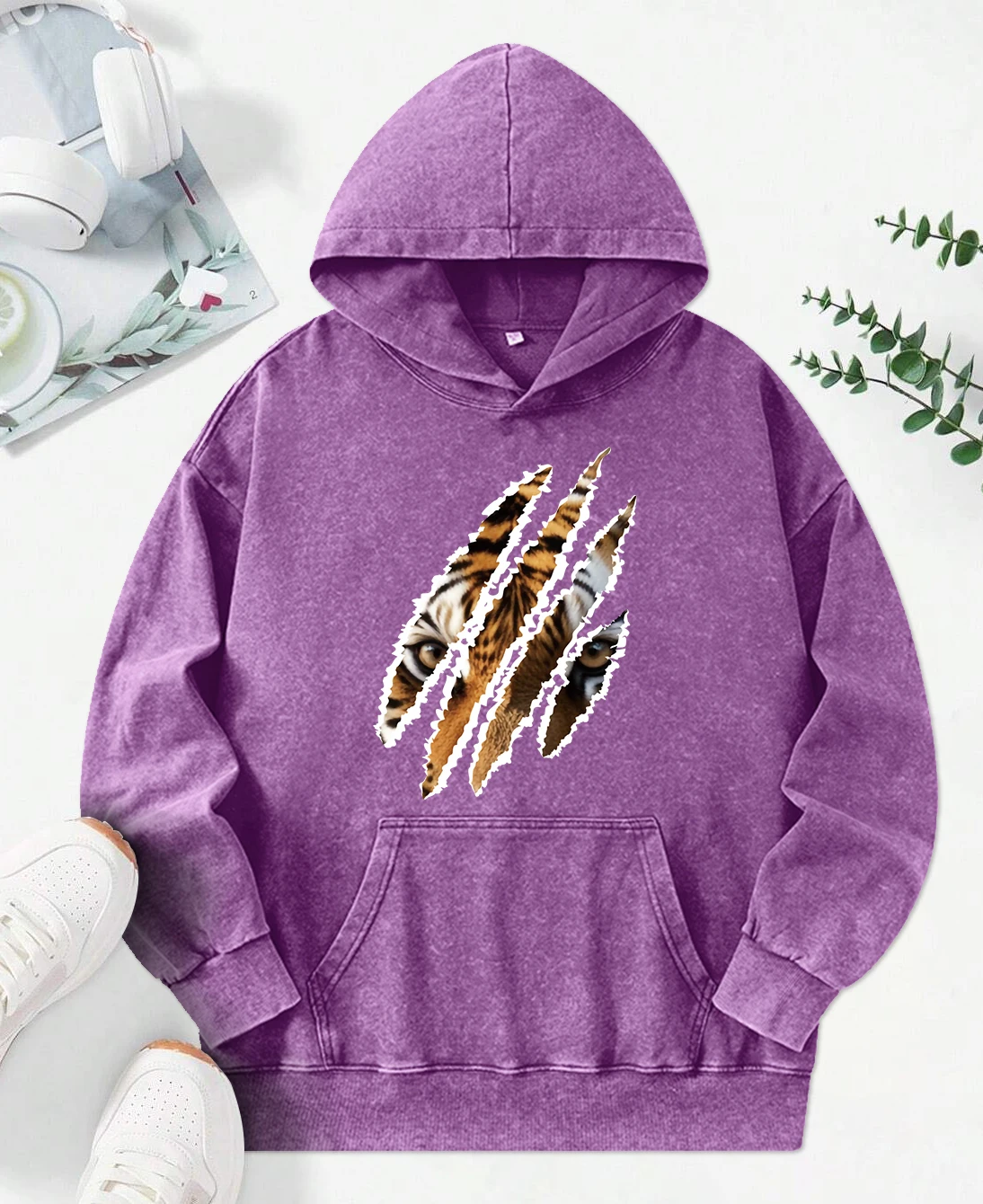 

Retro Torn Tiger Stripes Printing Women Washed Hoodie Creativity Loose Pullovers Autumn Cotton Hoody Casual Female Clothing