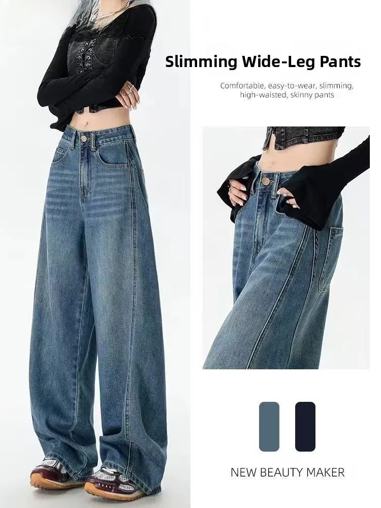 

Retro Wide Leg Jeans Women's Autumn Winter New Large Size Loose Slimming High Waist Straight Cut Trousers Faionable Casual ...