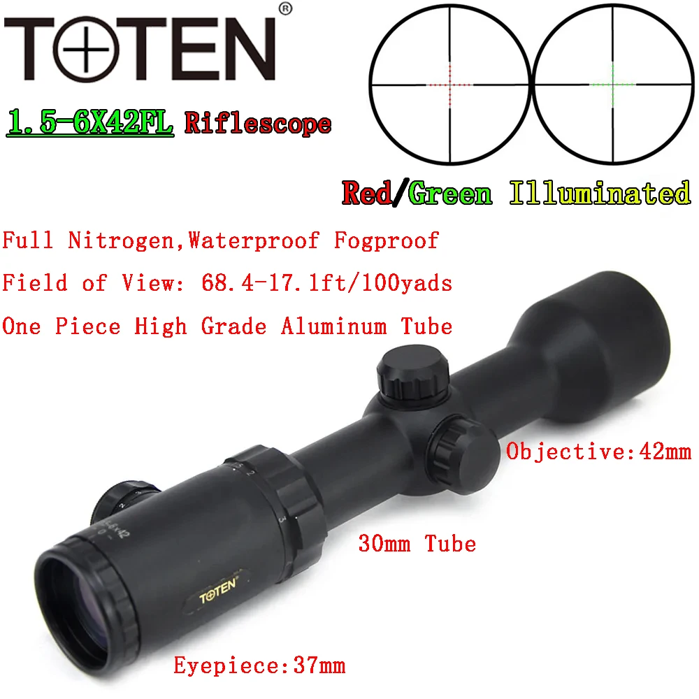 

TOTEN 1.5-6x42 Zoom Aim Riflescope Bak4 FMC 30mm Tube Illuminated M16 Ar15 Air-soft Target Hunting Scope .223 .308 Optical sight