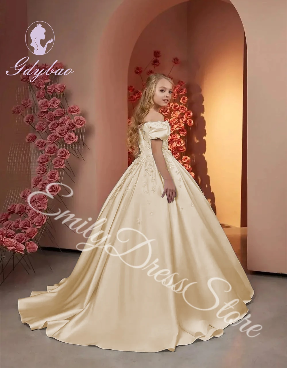 Robe à fleurs en Satin blanc pour filles, pour mariage, épaules dénudées, avec des appliques de perles, robes de concours d'anniversaire élégantes, robe de première Communion