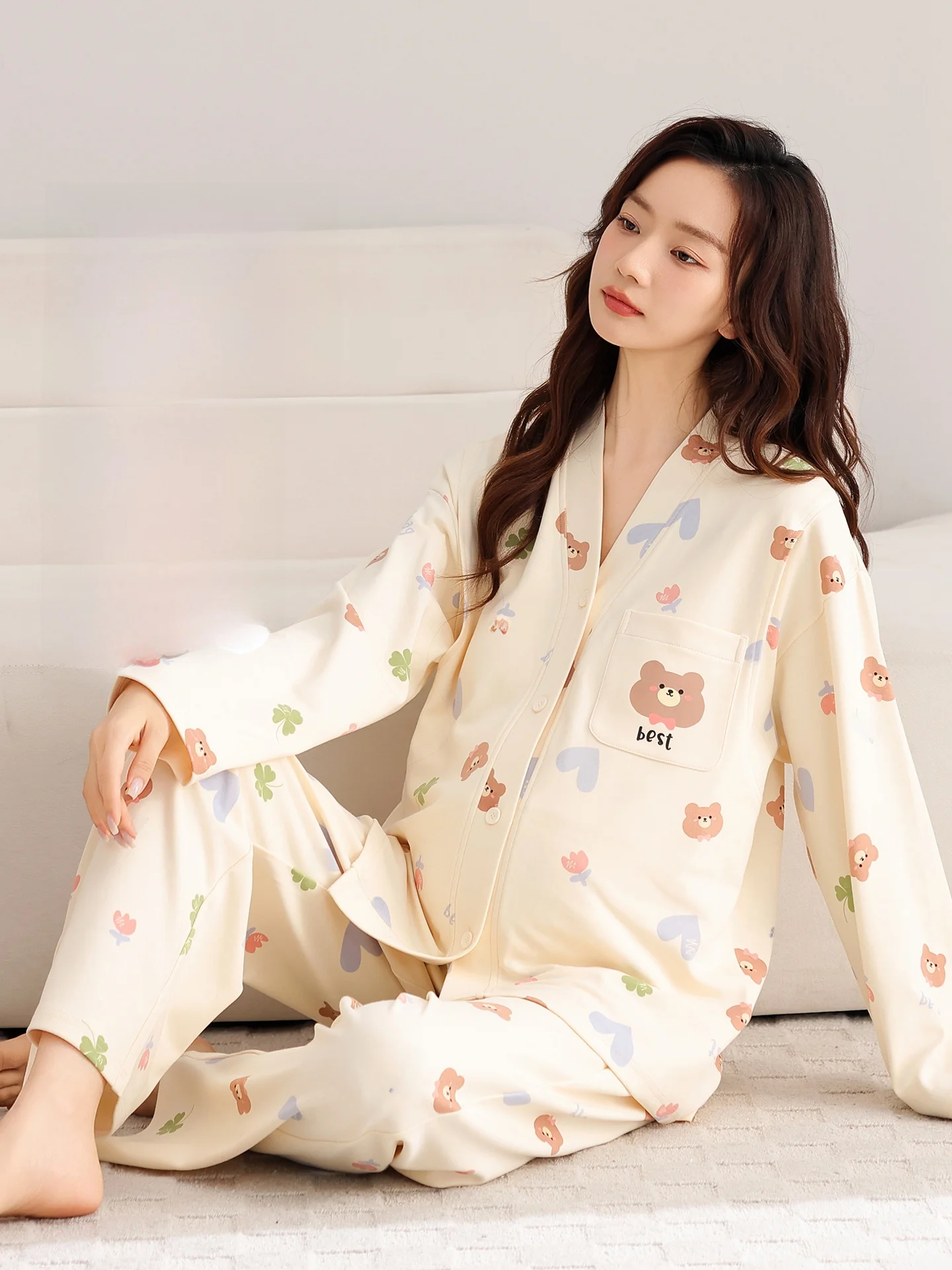 v-neck-maternity-sleepwear-pure-cotton-long-sleeve-home-clothes-set-with-chest-pad-concealed-nursing-mouth-suitable-for-outdoor