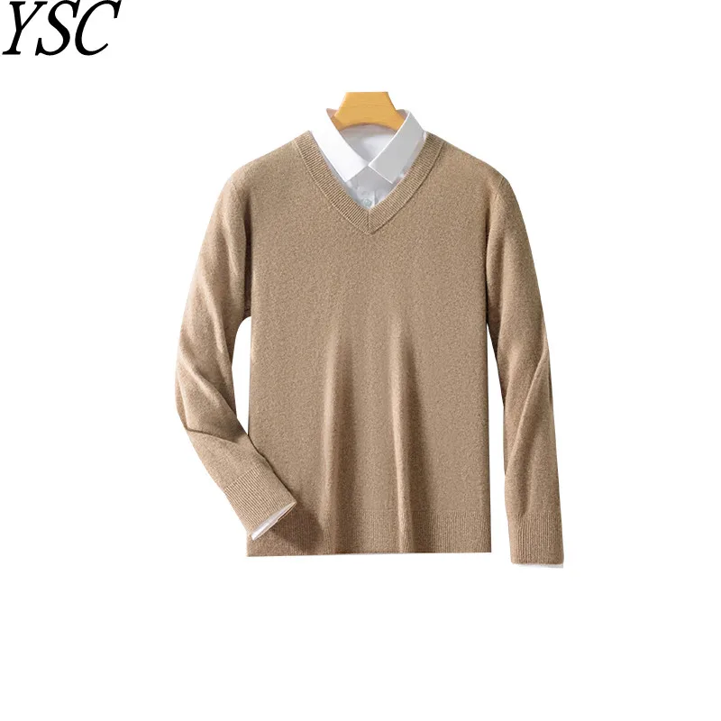 Classic Men Knitted 100% Wool pullover sweater V-collar thick style Long sleeves Soft warmth Anti-pilling Woolen base sweater