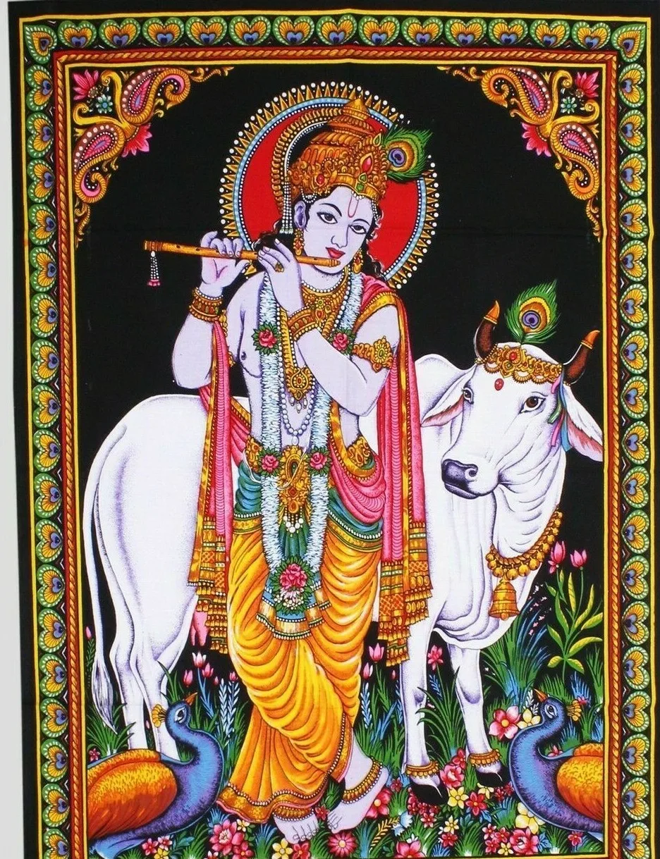 Lord Krishna Playing Flute with Cow Tapestry Indian Art Wall Hanging Decor for Home Bedroom Yoga Space