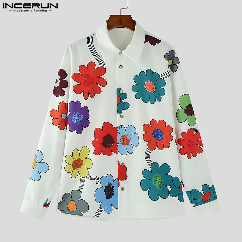 INCERUN Causal Long Sleeve Shirts 2024 Floral Printing Simple Loose Tops Turn Down Collar Commuting American Fashion Blouses