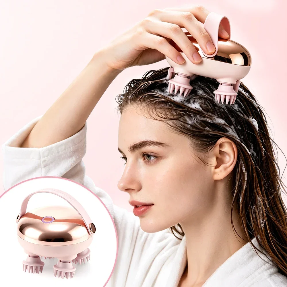 Electric Scalp Massager with Red LEDs, IPX6 Waterproof Wet & Dry, 360° Rotating Kneading, 8 Soft Silicone Heads, Cordless, Rose