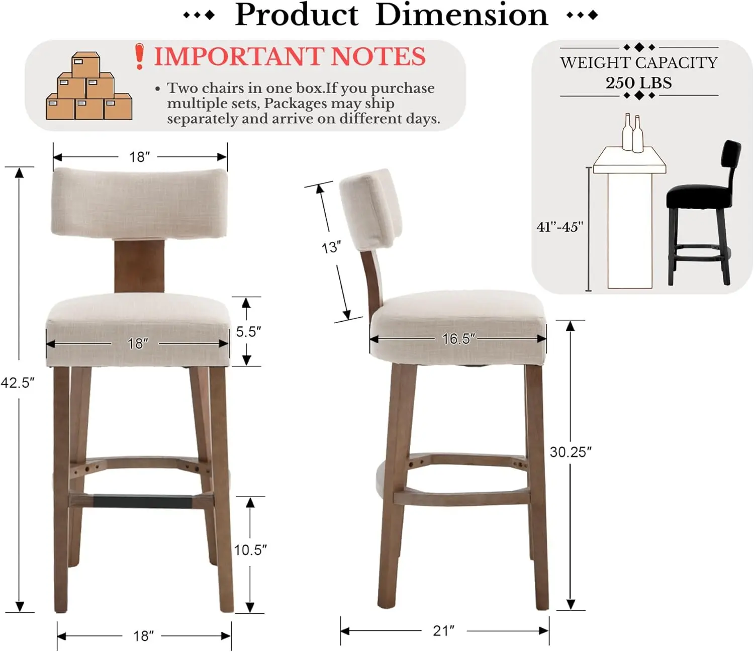 مجموعة مقاعد بار طويلة جدًا مقاس 30 بوصة مكونة من قطعتين، ومقاعد مضادة بدون ظهر من الخشب الريفي الحديث، ومنجدة من الكتان البيج، وكراسي جزيرة المطبخ