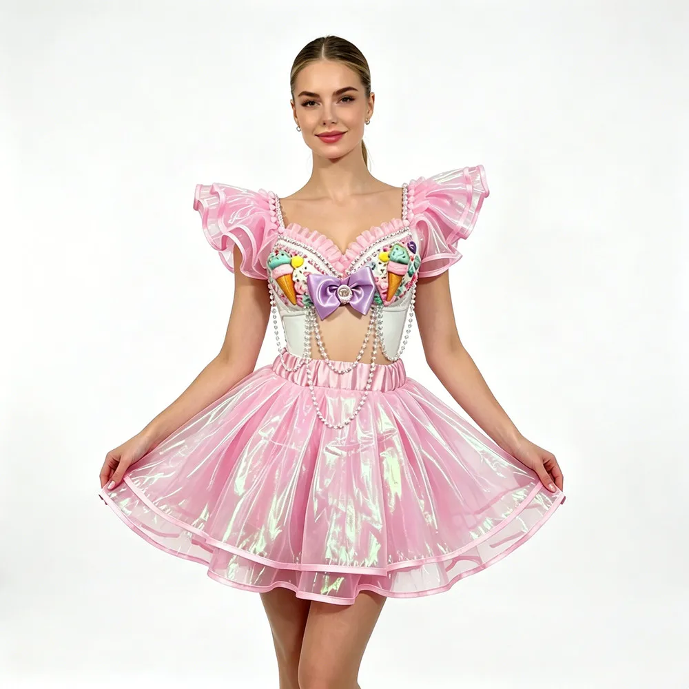 Sexy Nightclub Club Party Dance Costume Pink Beading Bikini Tutu Skirt Stage Performance Rave Outfit Dance Team Show Costume