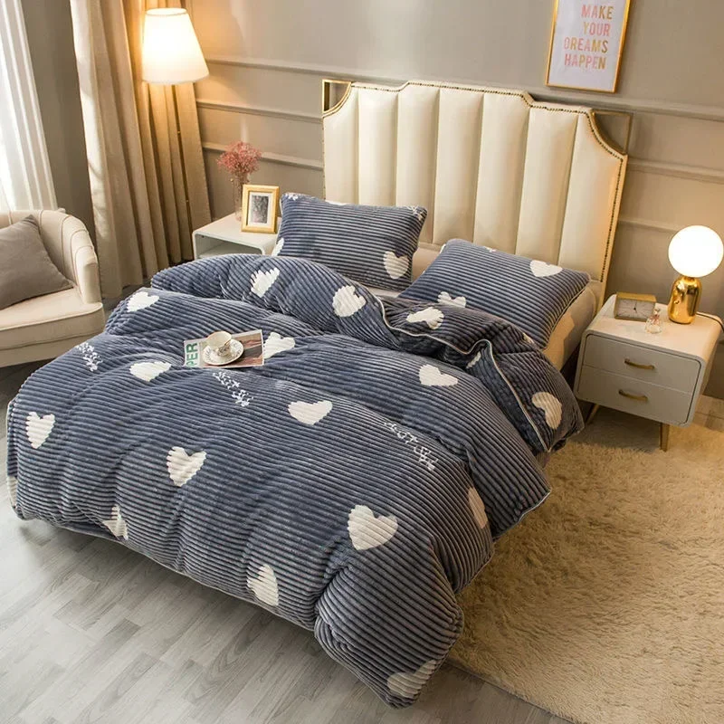 JUSTCHIC 1PCS Thicken Winter Quilt Cover Milk Velvet Double-sided Love Heart Print Grey Duvet Cover Home Bedding Queen