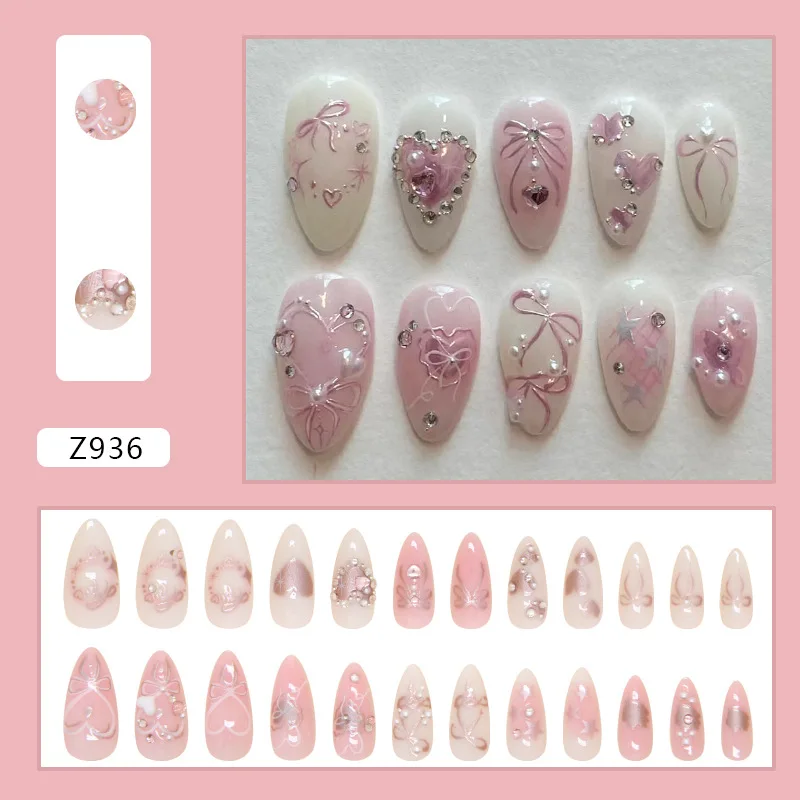 24 piezas uñas postizas dulces desmontables con moños, corazones y perlas, almendra rosa coreana 2