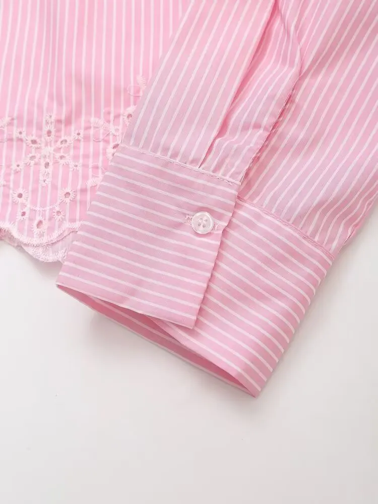 2024 autunno nuove donne vestiti stile europeo e americano Hollow ricamato camicia a righe rosa Street Style Fashion Top