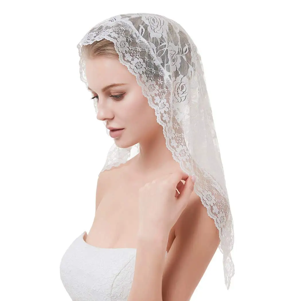 Bride Wedding Veil 1T Catholic Veil Short Church Bridal Veil Shoulder Length Flower Edge Hair Accessories for Brides