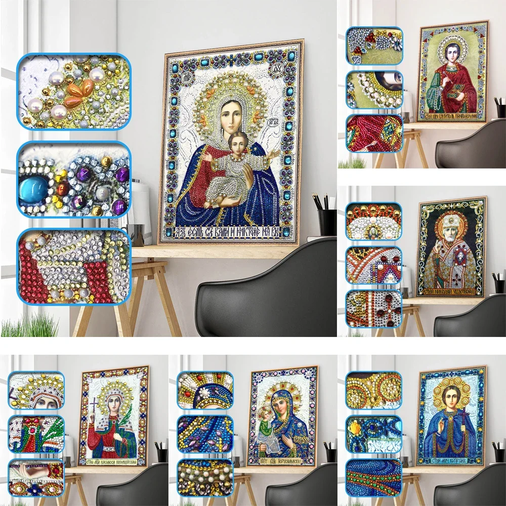 Special Shaped Diamond Painting Embroidery Icon Religion Mother and Son Round Crystal Drill 5D DIY Rhinestone Art Cross Stitch