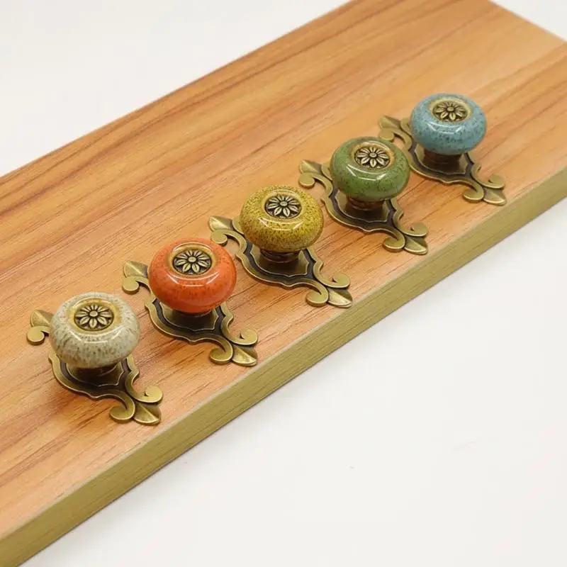 Single Hole Antique Bronze Ethnic Ceramic Flower Cabinet Knob Pull Handle for Dresser Drawer DIY Furniture Renovation