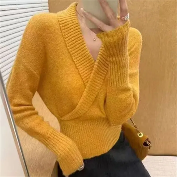 French Cross V-Neck Knitted Sweater for Women 2025 Wool Sexy Mature Style Waist-Cinching Elegant Versatile Top Trendy VIKY