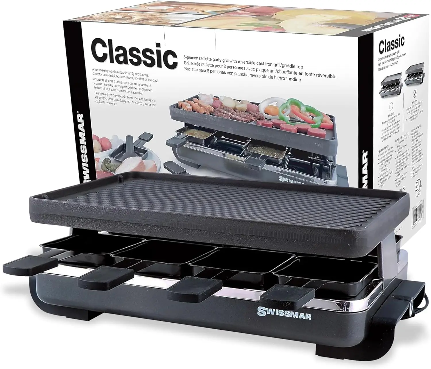 Klassieke raclette voor 8 personen met omkeerbare gietijzeren grillplaat/crêpeblad, zwart