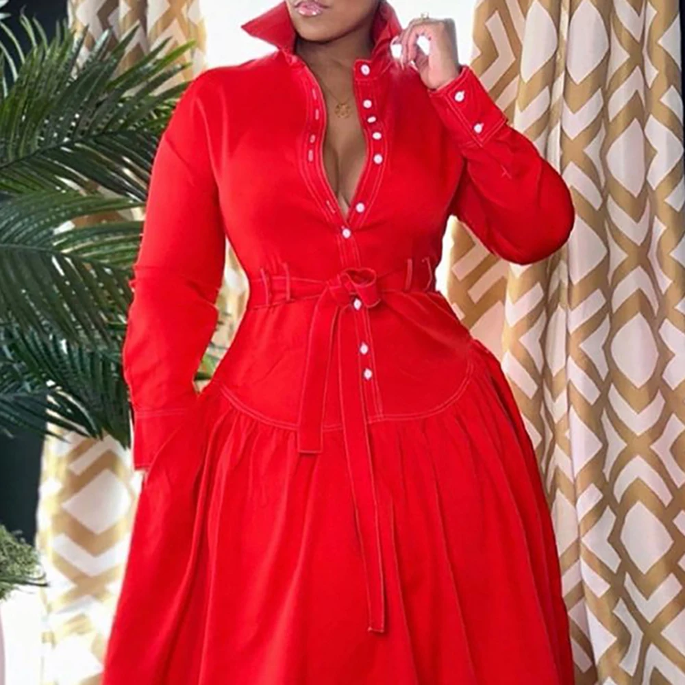 Plus Size Half Red Women's Dress Fashion Button Up Long Sleeve PU Leather Pocket Midi Dress