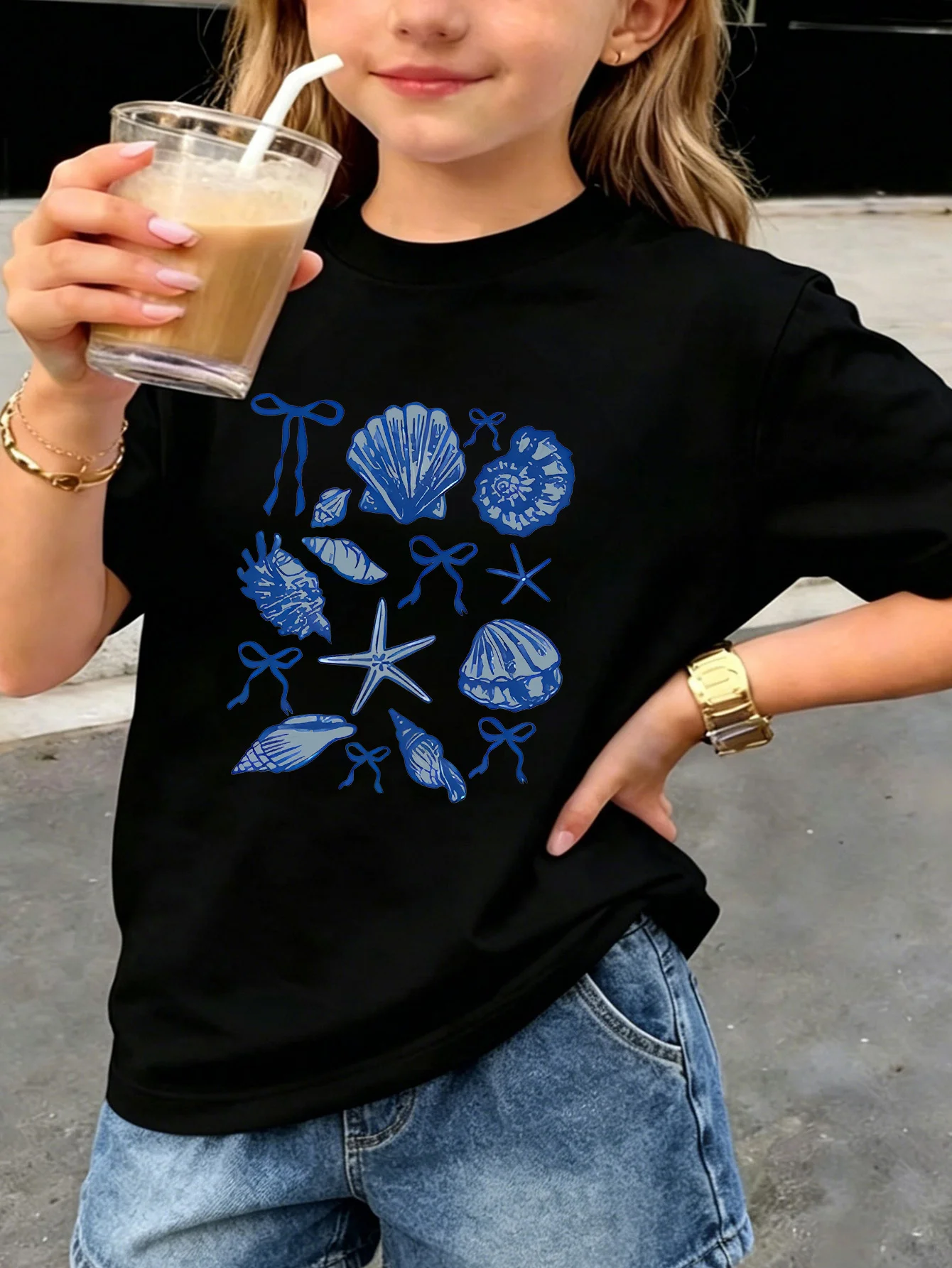 Kids T Shirt Blue Seashell Starfish And Bow Knot Beach Graphic Short Sleeve Cotton Tops For Boys Girls Daily Casual Outfit