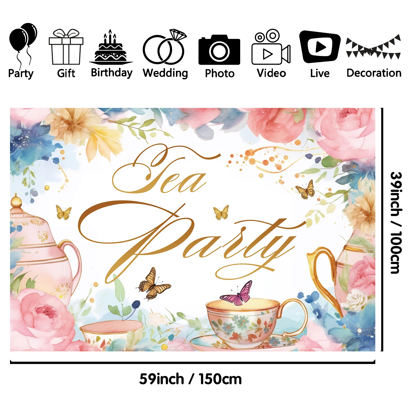 1PCS 100x150cm Tea Party(2) Theme Backdrop,Photography Background,Used To Gifts,Activities Or Other Party Decoration