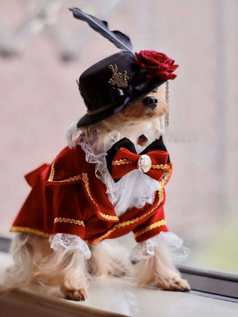 Handmade Dog Clothes Pet Supplies Jacket Suit Wine Velveteen Lace Cuff Shirt Tuxedo Royal Nobility Party Cats Poodle Yorkie