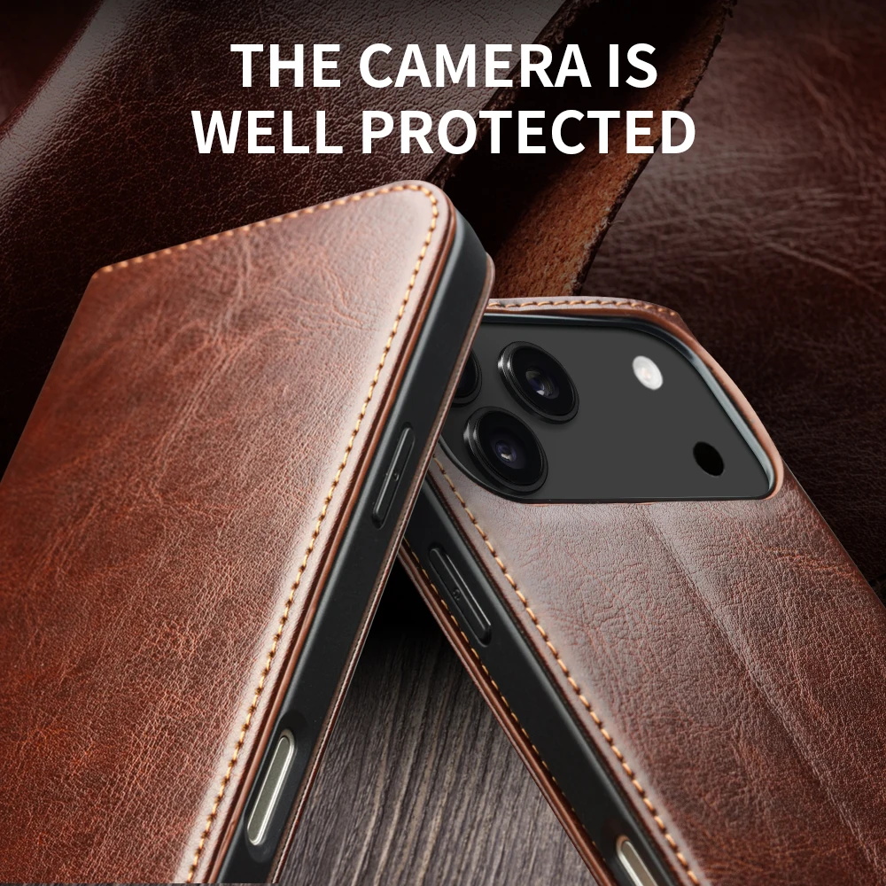 QIALINO Genuine Leather Flip Case for iPhone 18 Pro Bracket Handmade Business Cover with Card Slots for iPhone 18 Pro Max