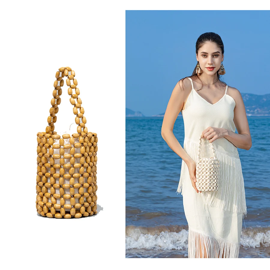 

Beach vacation handbag for women wooden bead totes bag for leisure travel hollow out hand-woven bucket bag with canvas inner bag