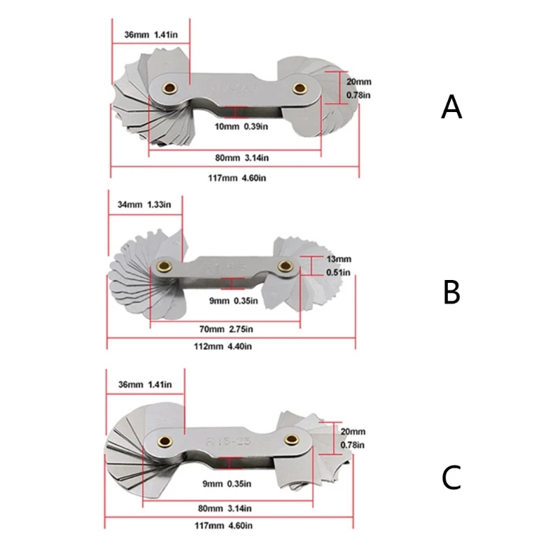 Arc Measuring Tool Radius- Fillet-Gauge Set Concave Convex Arc R1-6.5 / R7-14.5 / R15-25 for Tool and Die Makers Check