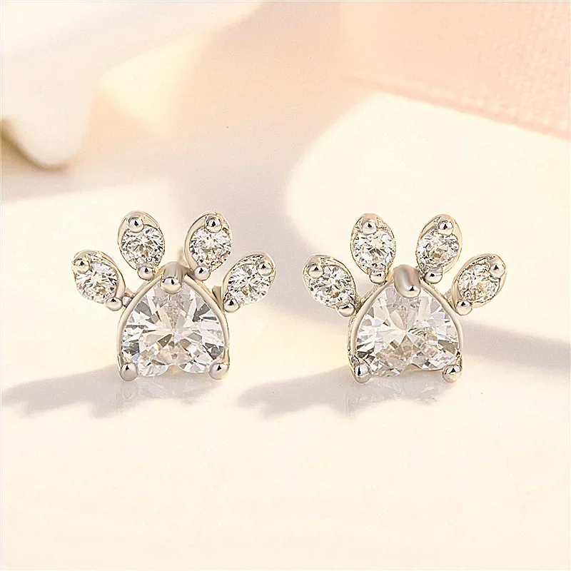 Cute Lovely Cat Paw Footprint Stud Earrings Romantic Rose Golden Creative Cartoon Animal Charm Ear Piercing Jewelry Best Gifts