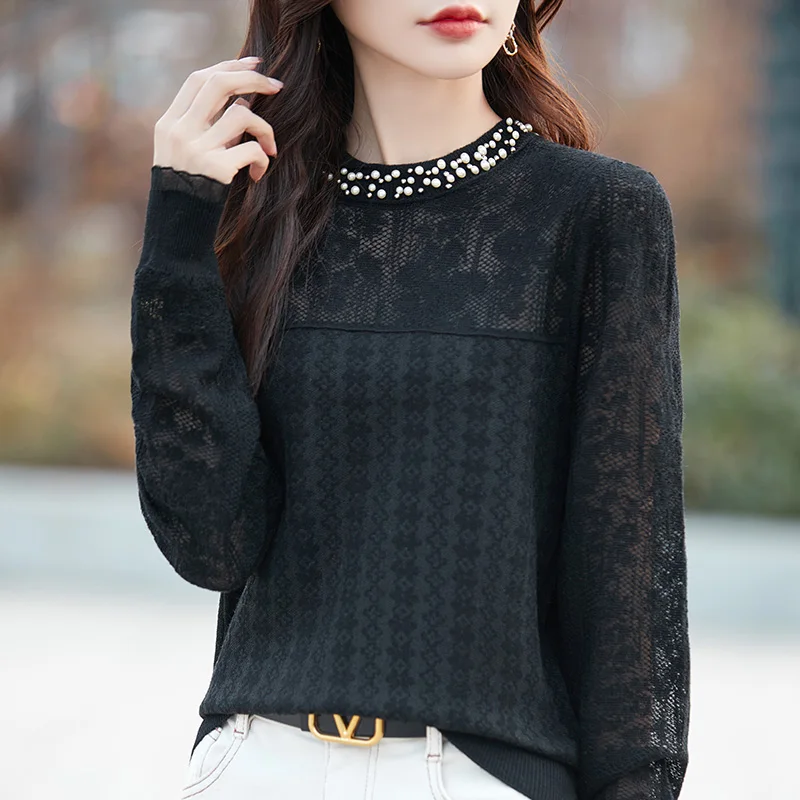 Spring Summer Stylish Lace Chiffon Shirt Women O-neck Wool Pearl Female Long Sleeve Top Fashion New Knit Pullover Worsted Blouse