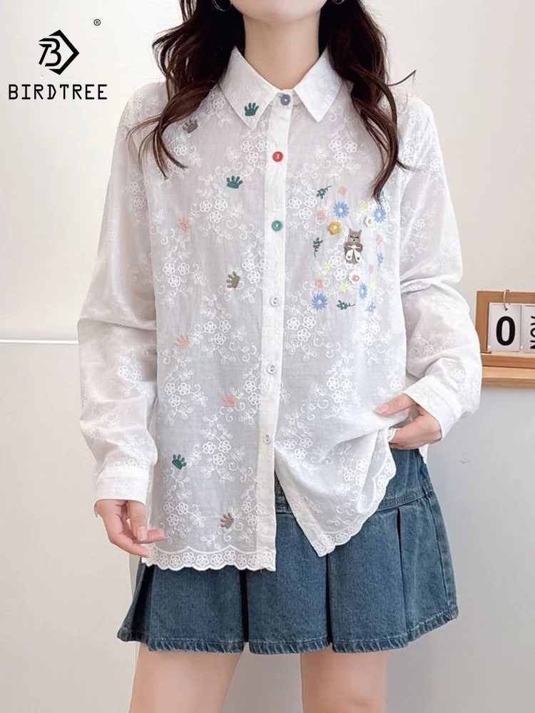 

Новая женская хлопковая рубашка с длинным рукавом Весна 2026, с отложным воротником и вышивкой, в стиле Mori Girl, свободная блузка для создания молодого образа T61916CC