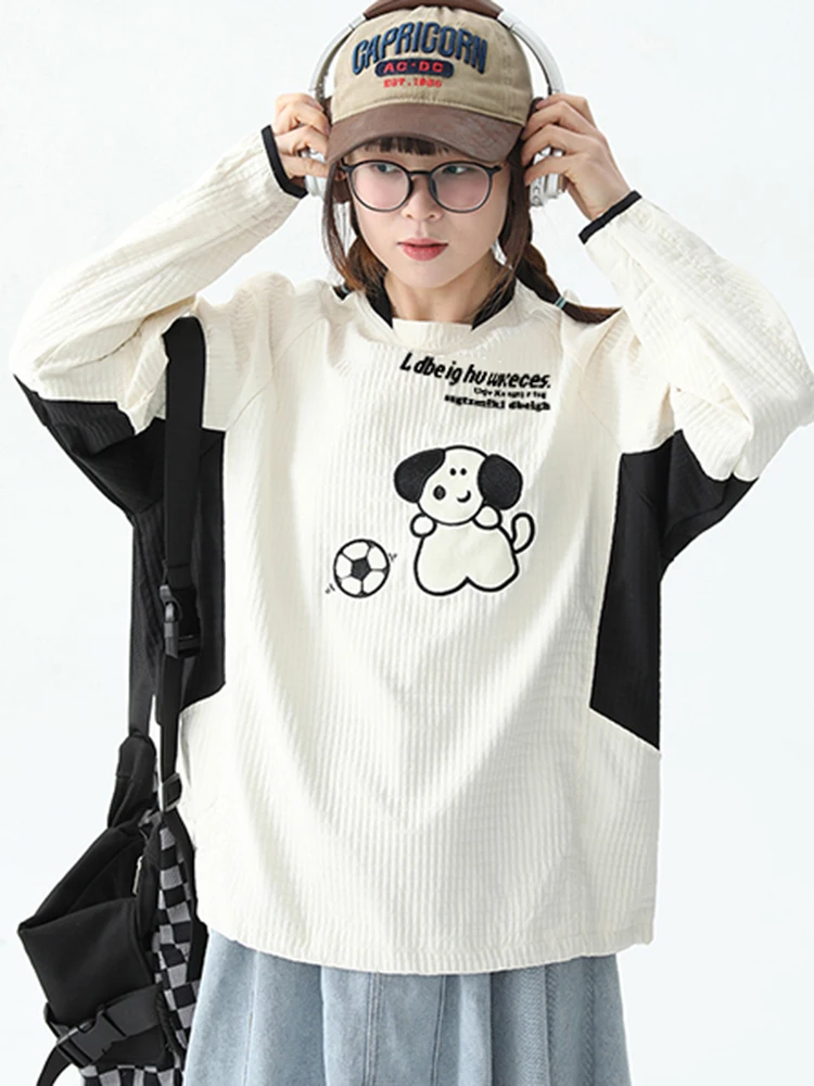 

Корейская женская толстовка с вышивкой щенка, дизайн контрастных цветов, длинный рукав, круглый вырез, свободный пуловер, топ, осенняя повседневная мода