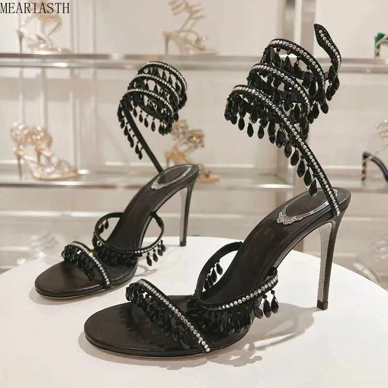 

Luxury High Heels Sandals Women Crystal String Bead Snake Twine Around Ankle Strap Wedding Shoes Summer Gladiator Sandals Woman