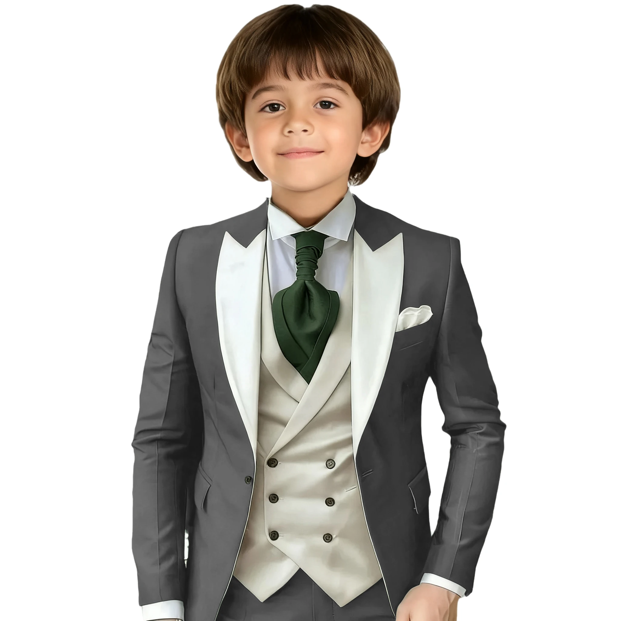 

Dark Green Boy Suit Photography Dress Children Formal Wedding Jacket Pants Ivory Vest Flower Boy Birthday Tuxedo Suit