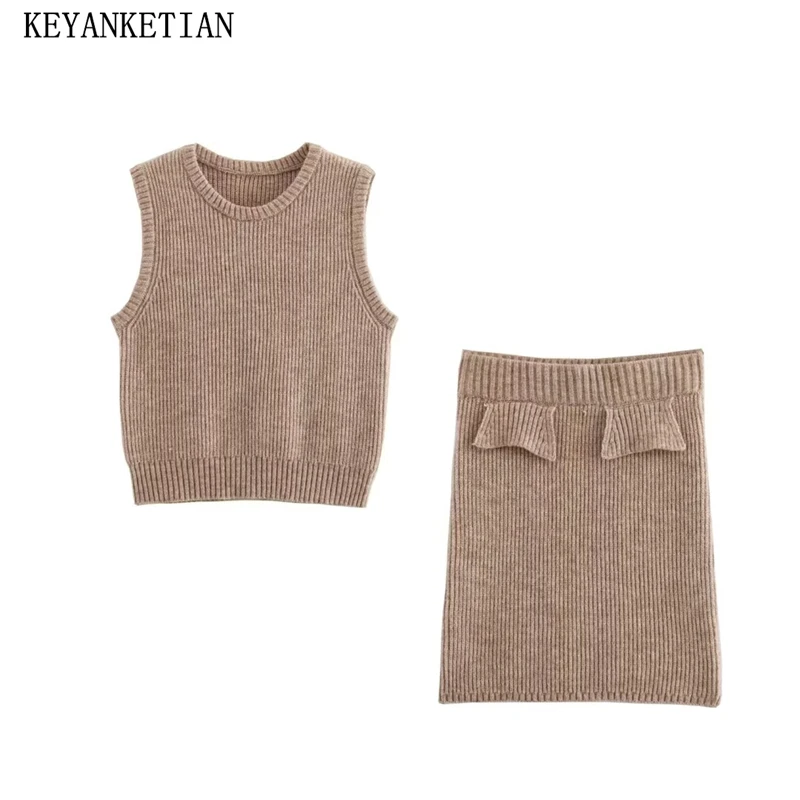 KEYANKETIAN 2024 New Women's O-Neck Sleeveless Knitted Vest Crop Top Elastic Waist Straight-leg Mini Skirt Knit Two Pieces Sets