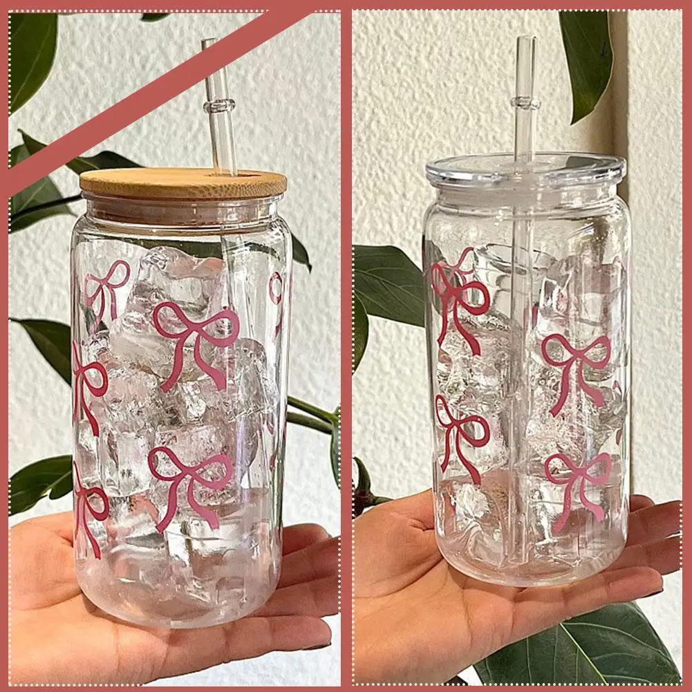 1Pcs Creative Pink Bow Plastic Cup With Lids Straw Ice Coffee Juice Cup Jar Shaped Coffee Cups Portable Water Bottle Gifts