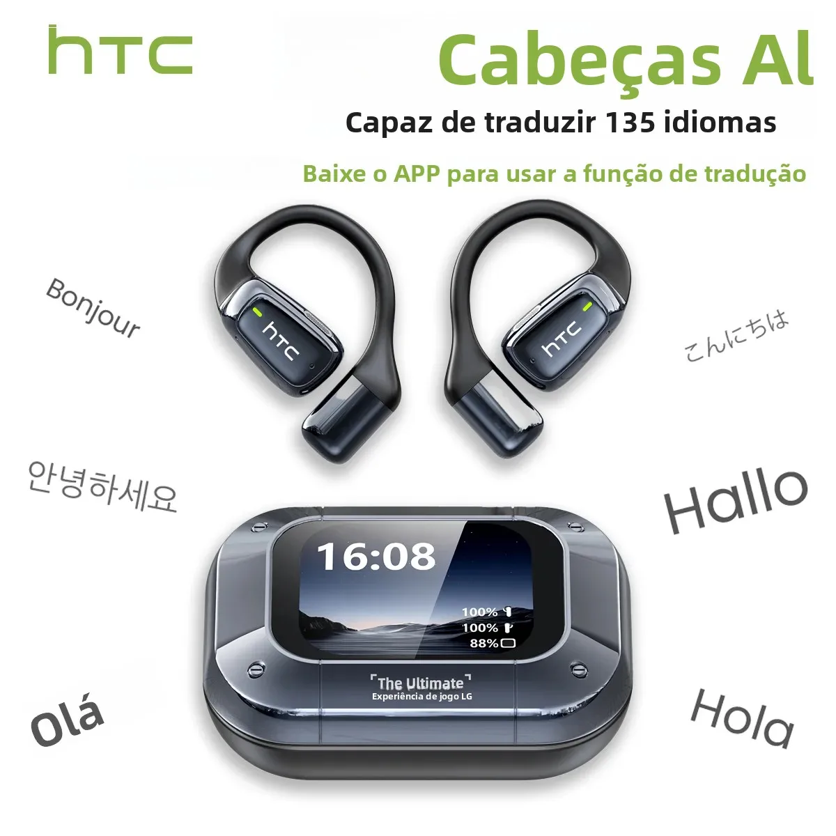 HTC NE25 Fones de ouvido Bluetooth AI Tradutor Fones de ouvido LCD Touch Screen OWS Esporte Fones de ouvido sem fio Longa vida com microfone