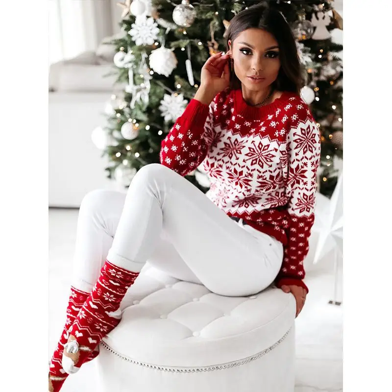 Novo estilo feminino natal floco de neve camisola inverno quente malha manga longa o pescoço topos jumper impresso casual pulôver roupas