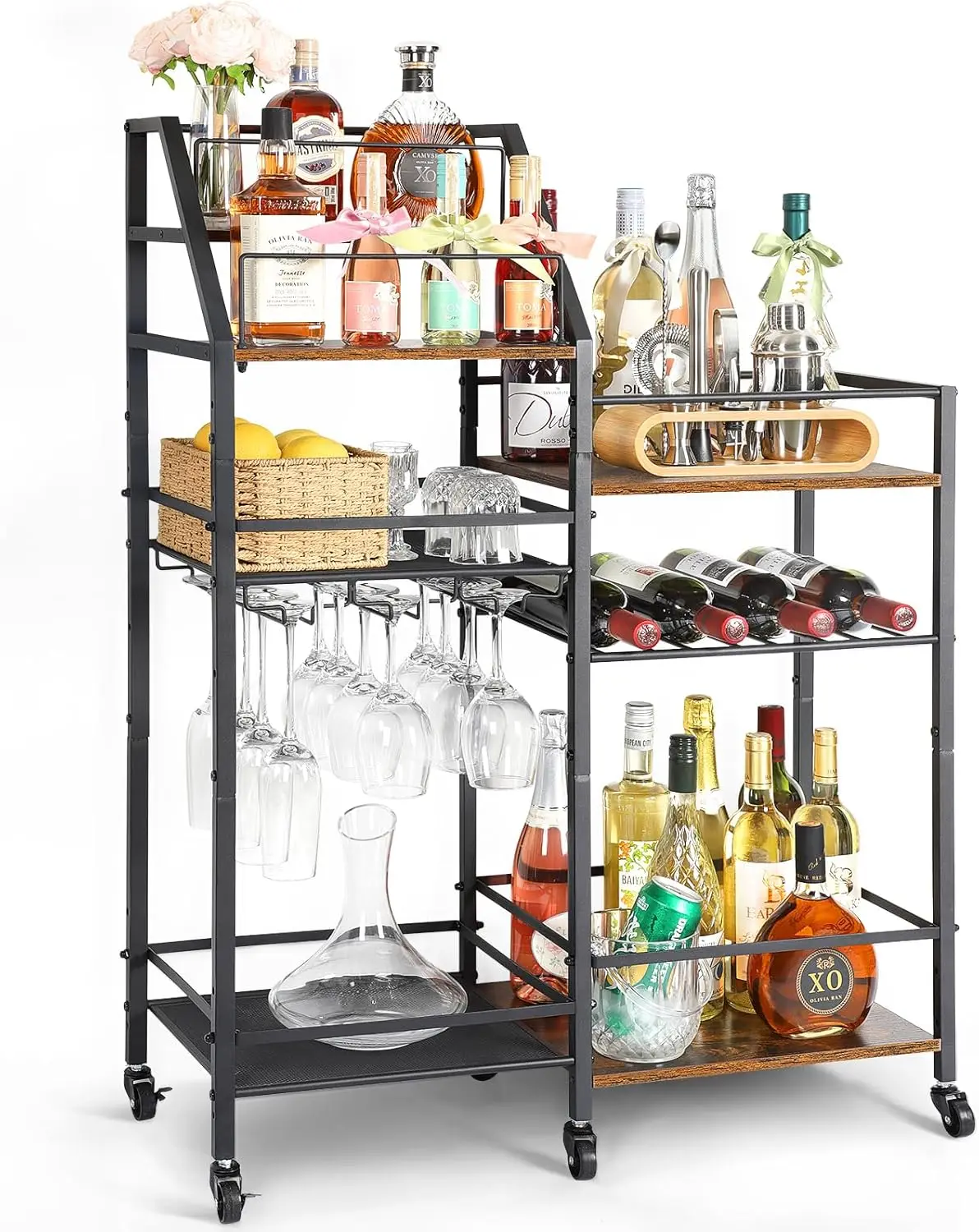 

Rolling Bar Cart with Wine Glass Holder, Mini Bar for Whiskey and Liquor, Home Kitchen Dining Room Cabinet