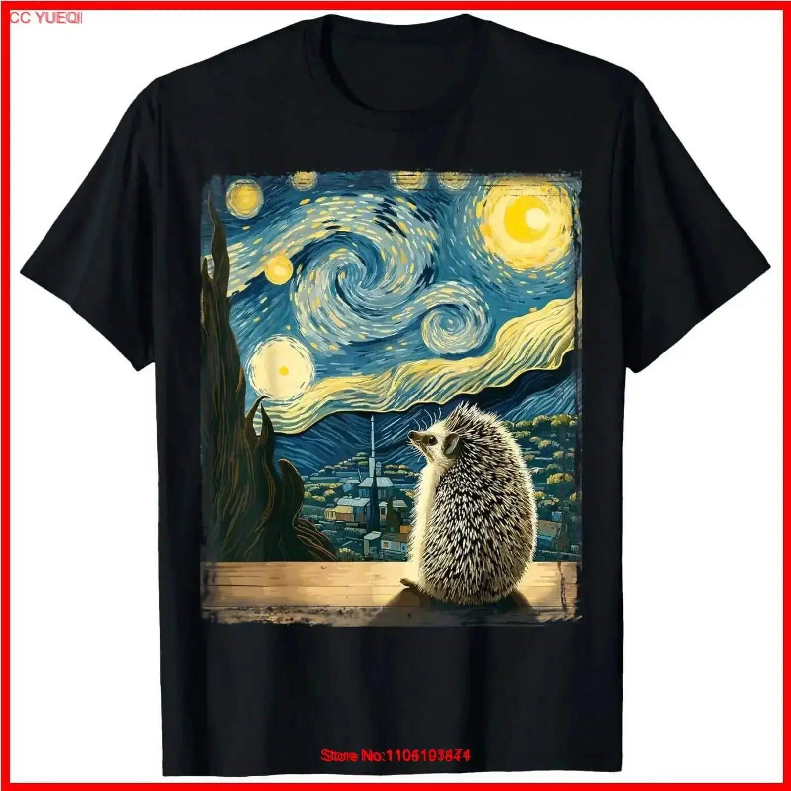Artistic Hedgehog Van Gogh Style Starry Night Black Cotton T Shirt vintage Washed Comfortable Stylish homme graphic