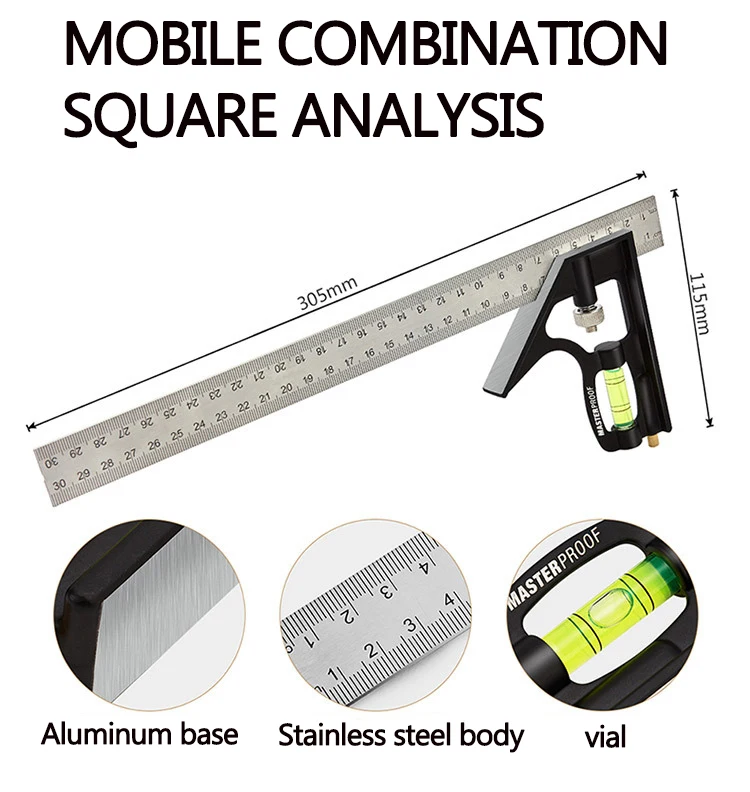 Angle Square Measuring Tools Set Precise Stainless Steel Aluminium Durable Adjustable Combination Spirit Level 12\