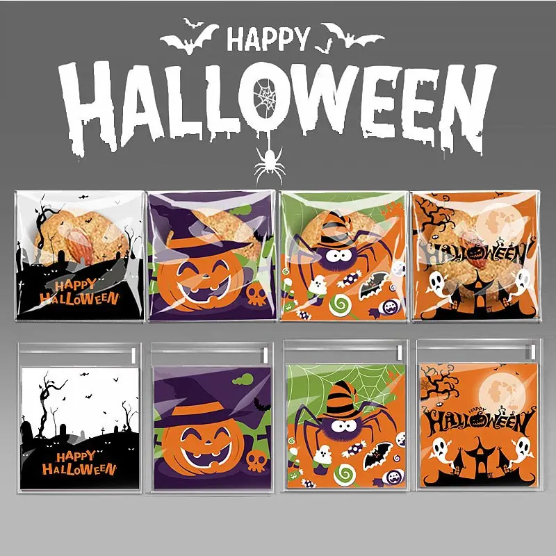 Sacchetti di Cellophane di Halloween da 100 pezzi sacchetti di plastica autoadesivi per biscotti di zucca trasparenti di Halloween felici